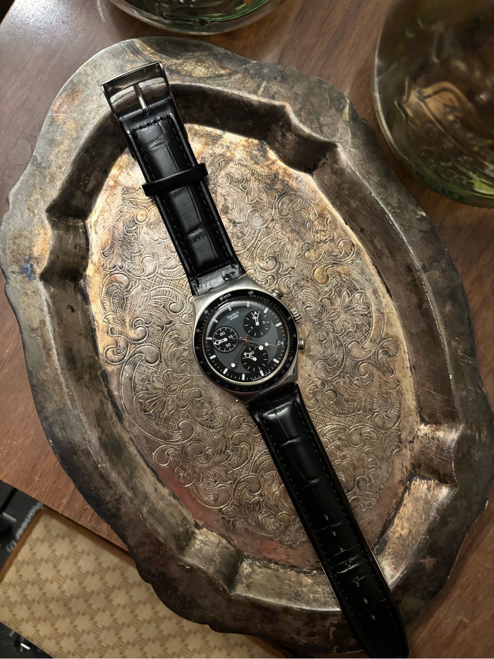Swatch Men's Black Chronograph Watch with Leather Strap